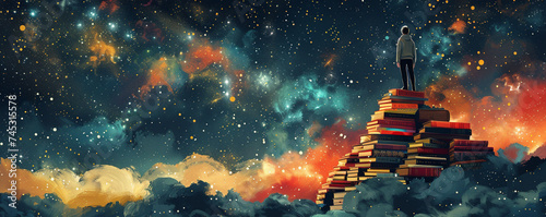 Success story illustration, climbing a ladder of books to the stars