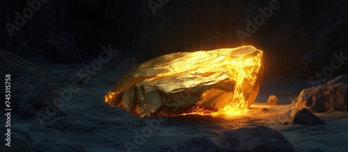 A large piece of pure gold ore rests atop a pile of rugged rocks, showcasing the precious metals raw form against a backdrop of rocky terrain. The gold nugget gleams in the light, contrasting sharply