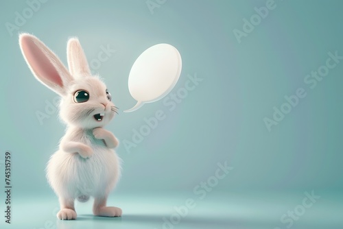Portrait of 3d cartoon cute bunny easter holding up empty speech bubble in studio background. photo