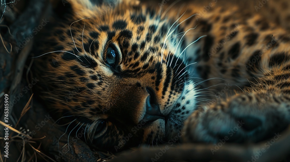 Obraz premium closeup shot of newborn baby leopard cub, capturing innocence in nature's embrace