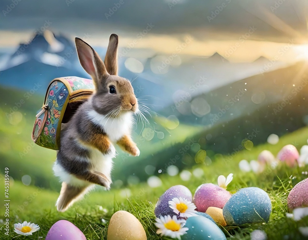 Osterhase verteilt Ostereier auf dem Land / Osterhase versteckt Eier ... Osterhase verteilt Ostereier auf dem Land / Osterhase versteckt Eier ...