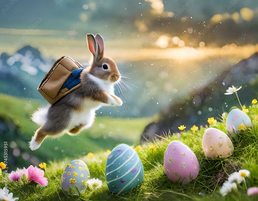  Osterhase verteilt Ostereier auf dem Land / Osterhase versteckt Eier Motiv 