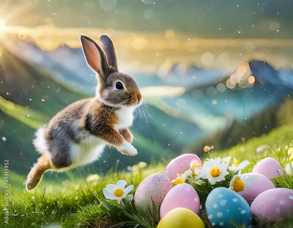 Osterhase verteilt Ostereier auf dem Land / Osterhase versteckt Eier ...