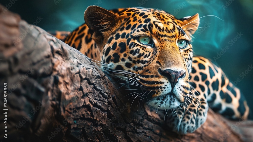 Obraz premium closeup shot of a wild leopard resting calmly on a tree in the jungle