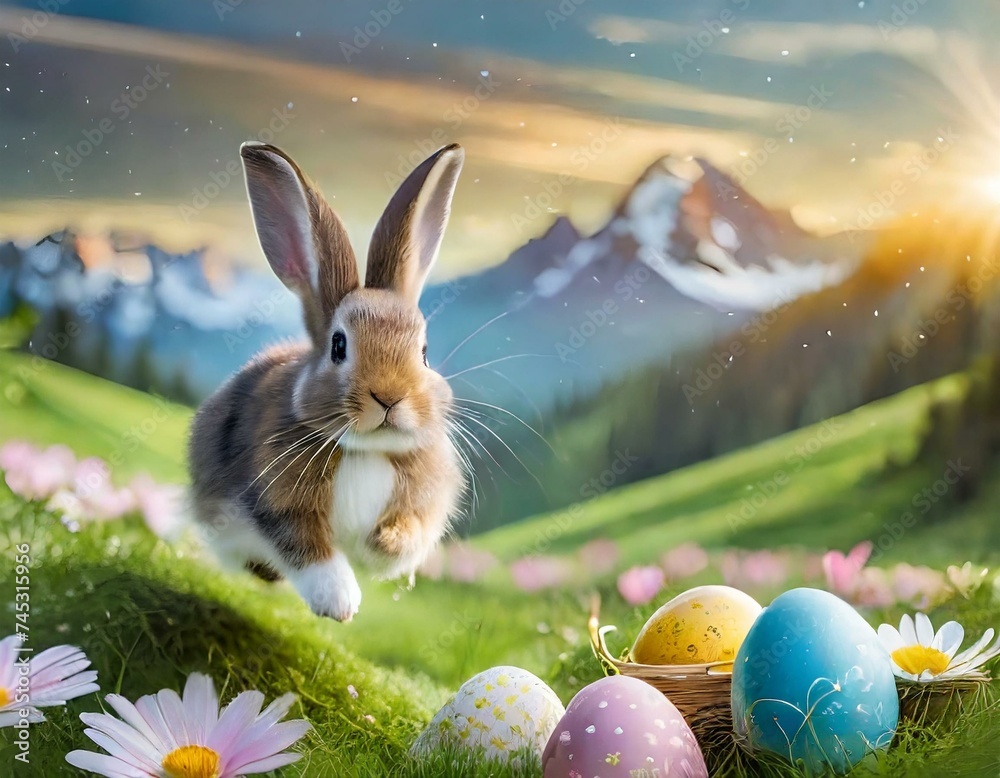 Osterhase verteilt Ostereier auf dem Land / Osterhase versteckt Eier ...
