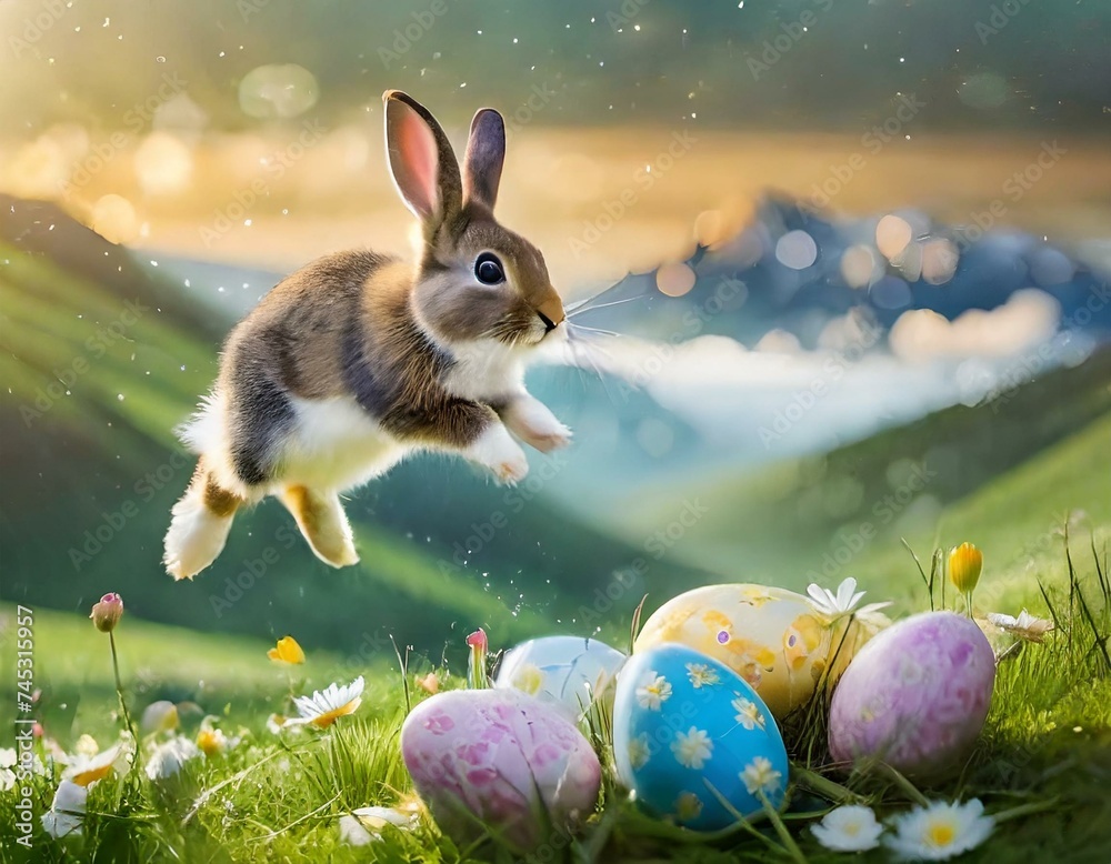 Osterhase verteilt Ostereier auf dem Land / Osterhase versteckt Eier ...