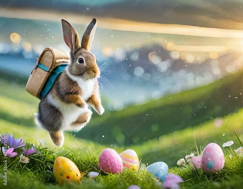 Foto de Osterhase verteilt Ostereier auf dem Land / Osterhase versteckt ...