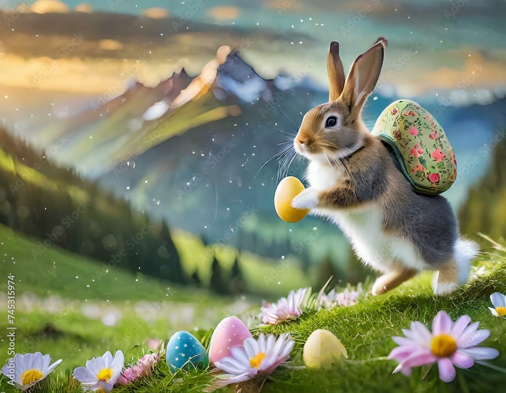 Foto de Osterhase verteilt Ostereier auf dem Land / Osterhase versteckt ...