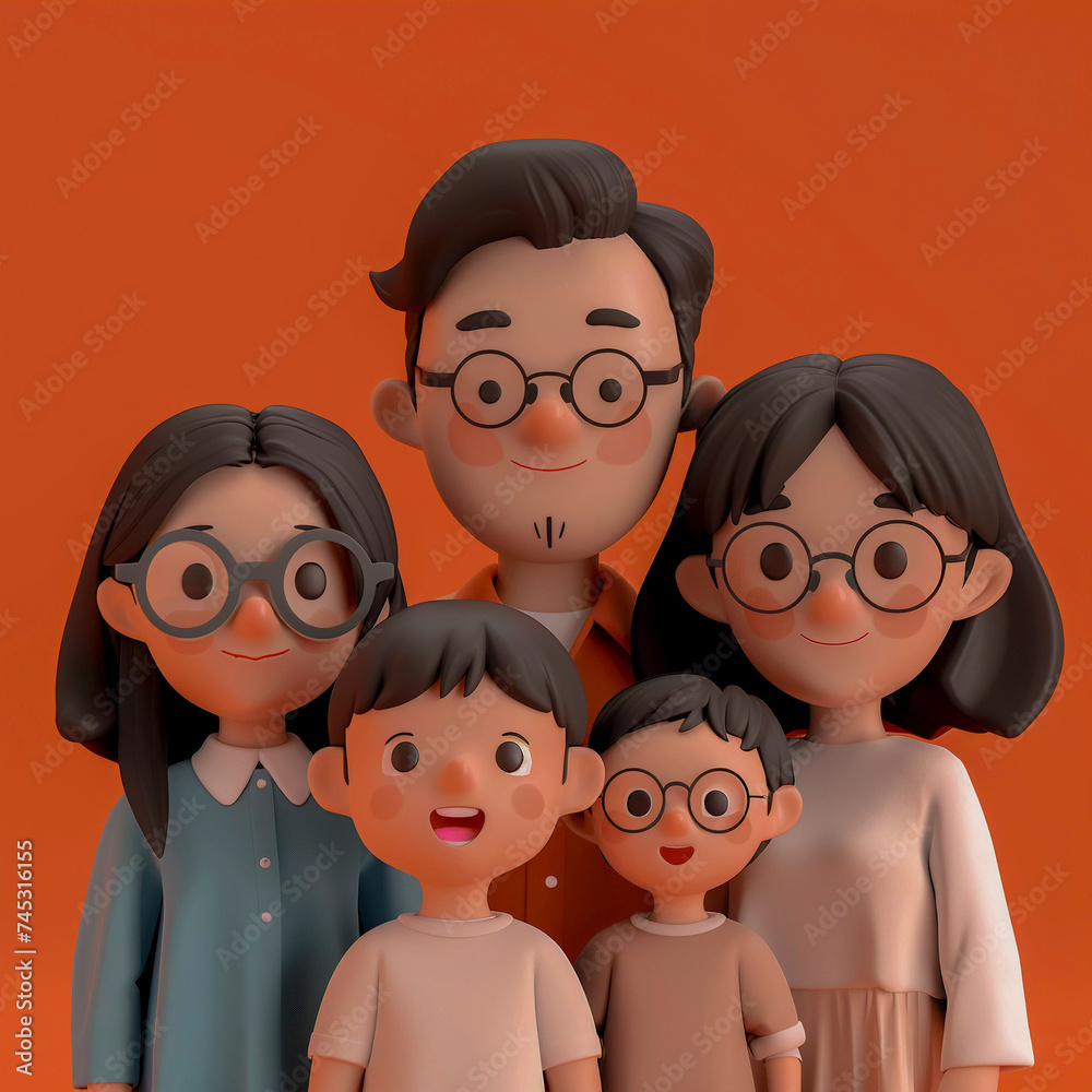 Fototapeta premium Portrait of a famili in 3D style, Generative AI