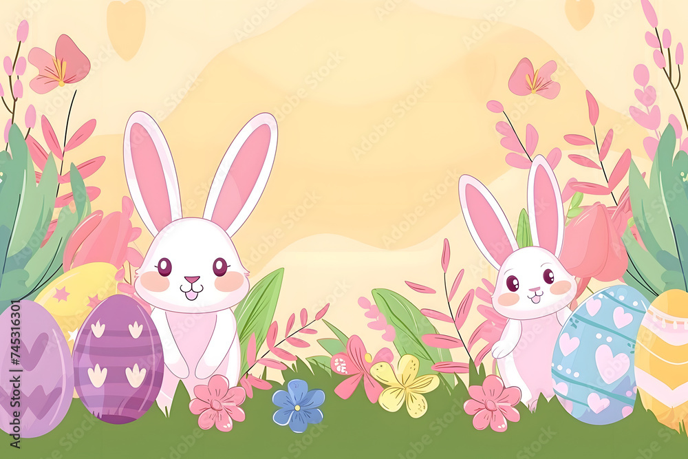 Bunny rabbit with easter eggs frame background in flat style. Bunny rabbit with easter eggs frame background in flat style.
