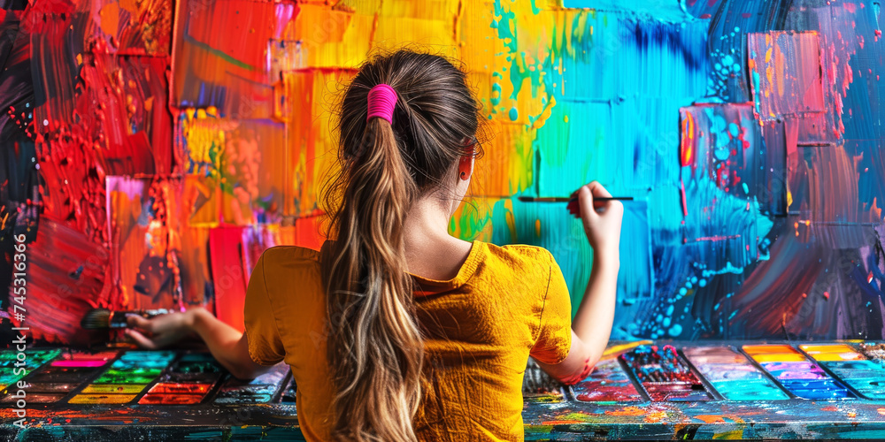 Fototapeta premium Young Artist Painting Colourful Mural. Artist painting on a vibrant multicoloured wall.