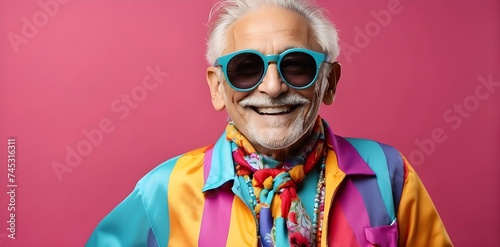 Älterer, lustiger Mann in buntem Anzug lacht in die Kamera und verbreitet gute Laune 