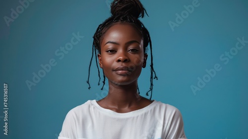 A portrait of a black woman wearing a white clear t-shirt, isolated in a blue...