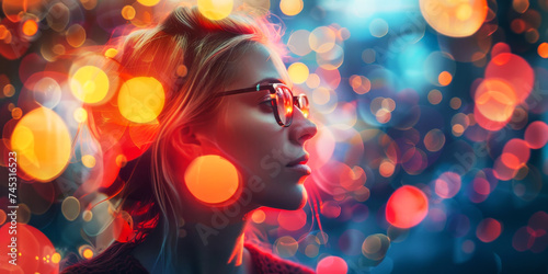 Contemplative Woman with Colourful Bokeh Lights. Side profile of a thoughtful woman with a background of radiant bokeh lights.