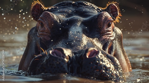 closeup of a large african hippopotamus showcasing its formidable presence © CinimaticWorks