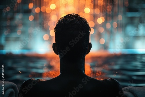 A silhouette of a person with their back against a towel in a sauna