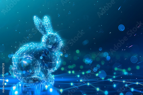 Easter bunny eggs with futuristic technology on blue neon background.