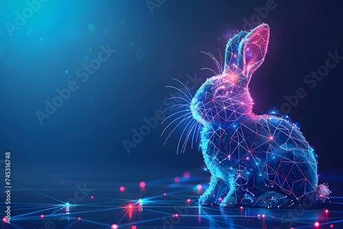 Easter bunny eggs with futuristic technology on blue neon background.