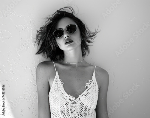 a woman in a white tank dress with sunglasses posing for a picture
