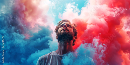 Man Embracing Vivid Coloured Smoke. A joyful man surrounded by vibrant red and blue smoke clouds against a sky backdrop.