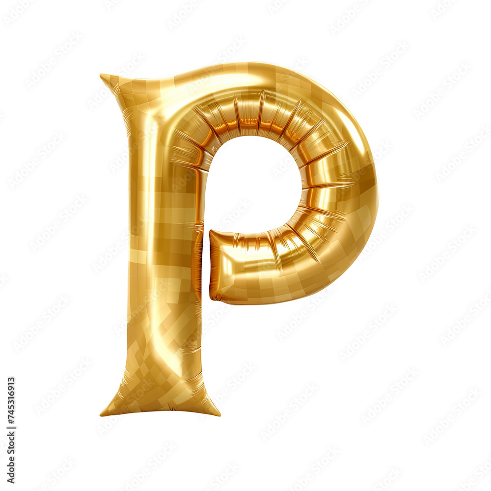 gold gingham metallic P alphabet balloon Realistic 3D on white background. Generative AI
