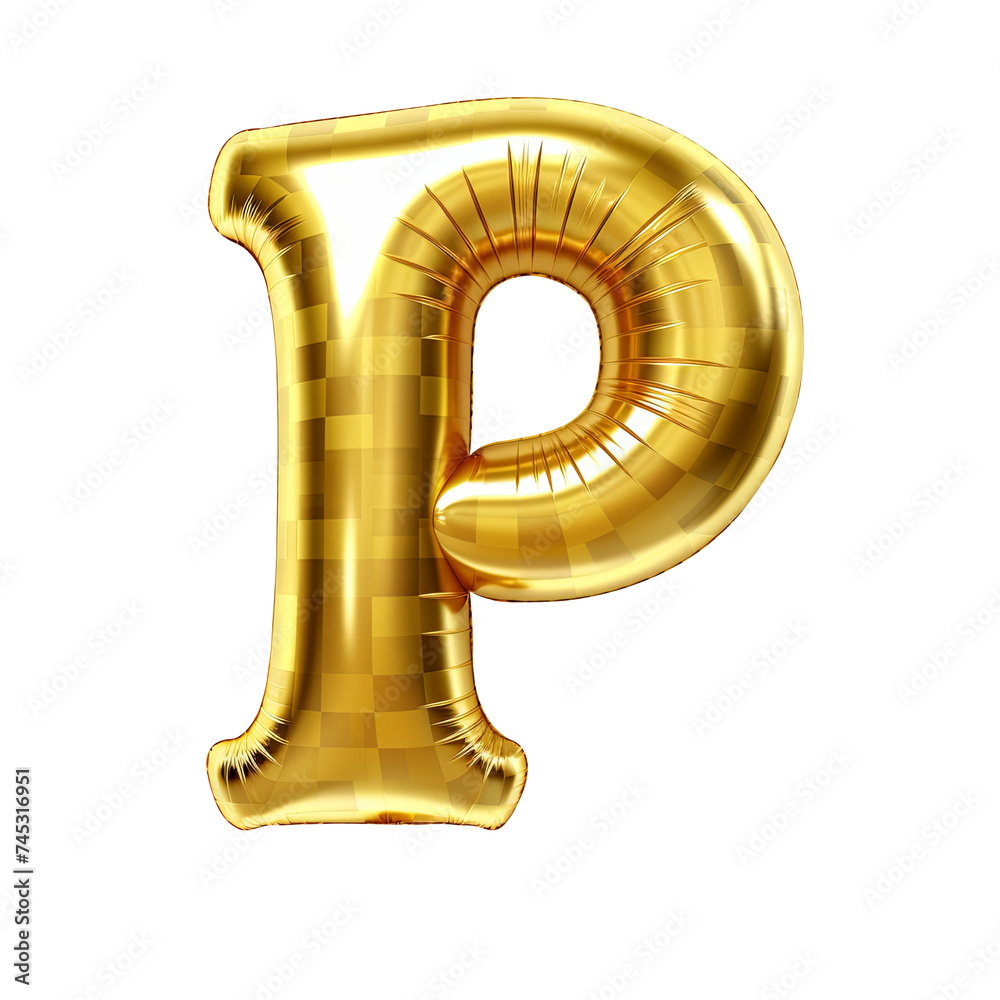 gold gingham metallic P alphabet balloon Realistic 3D on white background. Generative AI