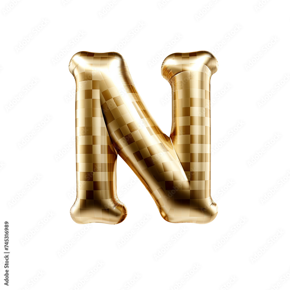gold gingham metallic N alphabet balloon Realistic 3D on white background. Generative AI gold gingham metallic N alphabet balloon Realistic 3D on white background. Generative AI