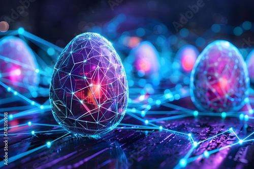 Easter eggs with futuristic technology on blue neon background. photo