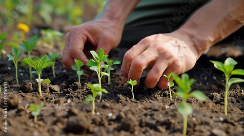 Hands of a man planting a seedling in the vegetable garden