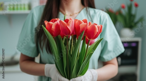 The nurse is holding a bouquet of red tulips, a beautiful gesture that can brighten up anyones day. These cut flowers are sure to bring happiness to any event 8 march celebrating female women day  photo