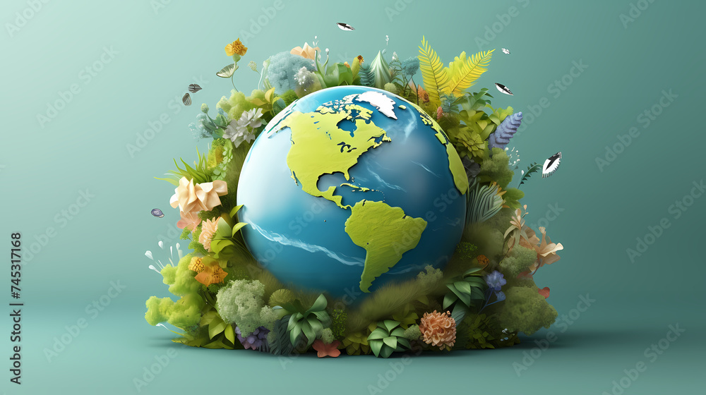 Illustration of earth surrounded by green leaves on soft blue background Illustration of earth surrounded by green leaves on soft blue background