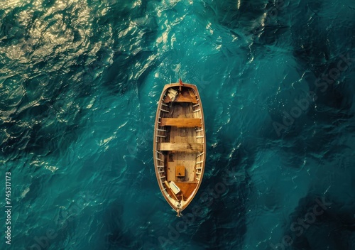 aerial view of a small boat in the ocean