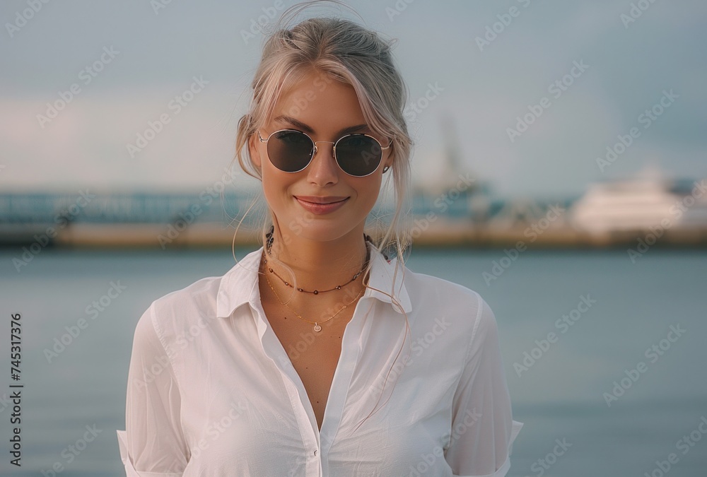 a woman in a white shirt and sunglasses is by the water a woman in a white shirt and sunglasses is by the water