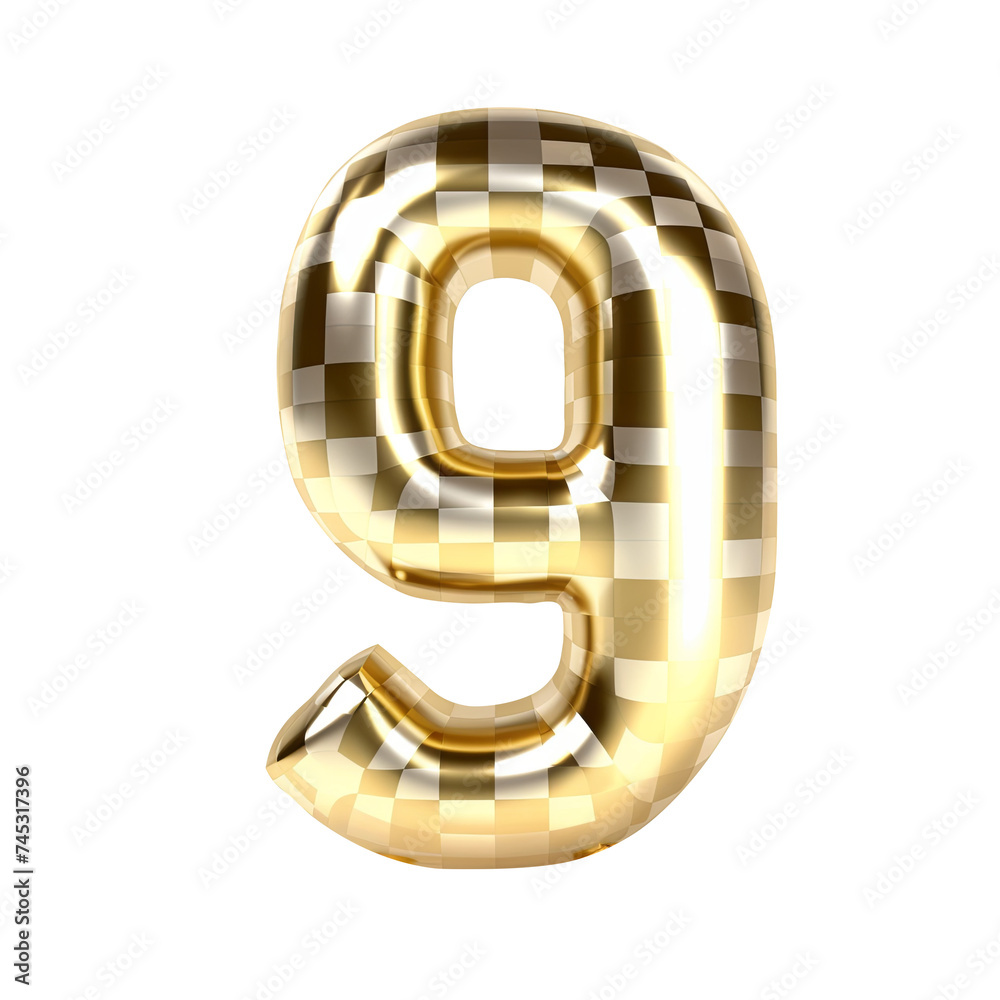 gold gingham metallic 9 number balloon Realistic 3D on white background. gold gingham metallic 9 number balloon Realistic 3D on white background.