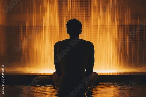 A silhouette of a person with their back against a towel in a sauna