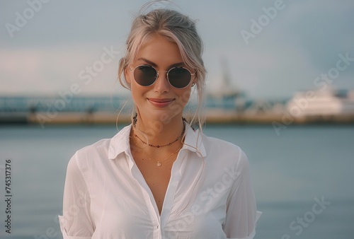 a woman in a white shirt and sunglasses is by the water