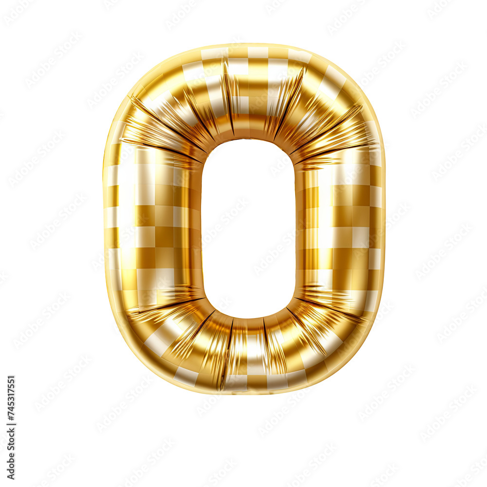 gold gingham metallic 0 number balloon Realistic 3D on white background. gold gingham metallic 0 number balloon Realistic 3D on white background.
