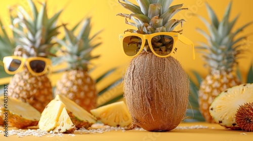 A sequence of pineapples and a coconut sporting sunglasses against a sunny ye...