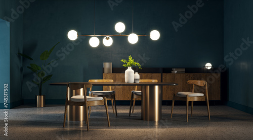 Tableau sur toile Contemporary dining room with modern furniture and ambient lighting
