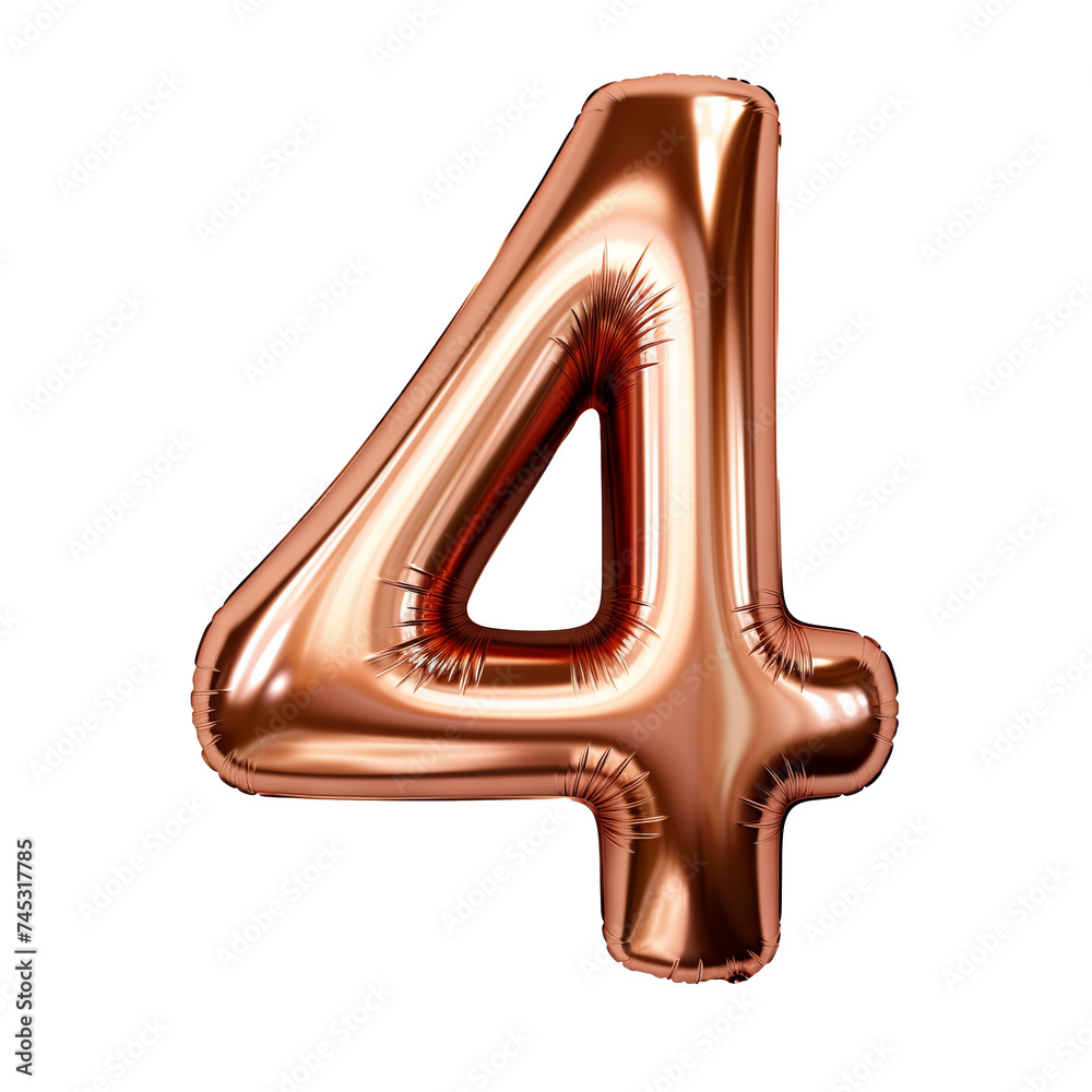 Copper metallic 4 number balloon Realistic 3D on white background. Generative AI