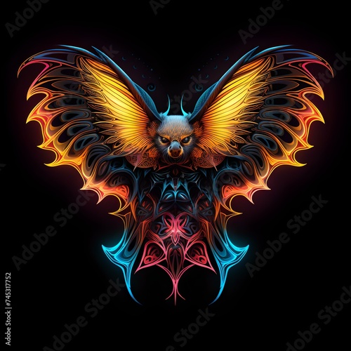 Colorful neon fractal bat with fiery wings on a black background