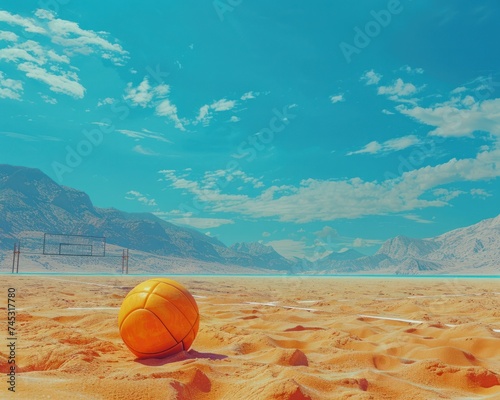 a yellow beach volleyball lies on the sand in front of mountains in blue sky