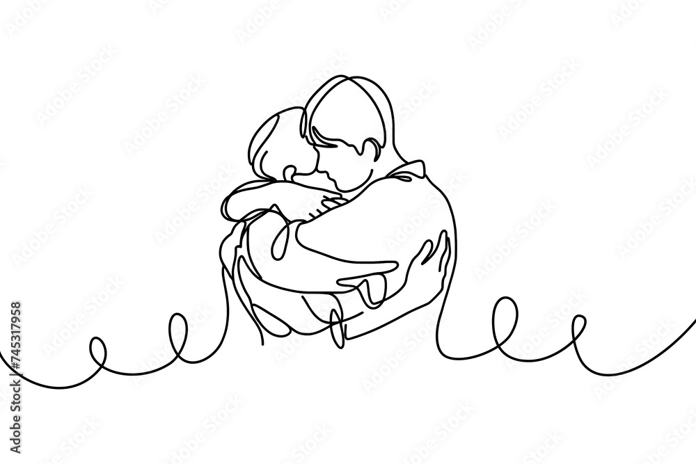 Vector drawing of a hugging couple, solid line, on a white background. Vector drawing of a hugging couple, solid line, on a white background.