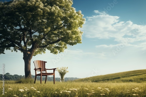 beutiful tree and wooden chair on blurred meadow background