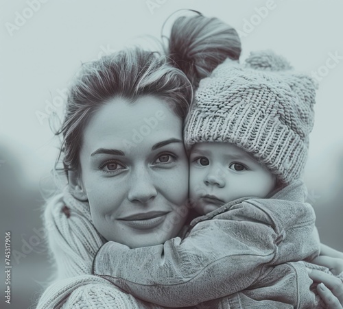 a woman is hugging her baby in the middle of the black and white photo
