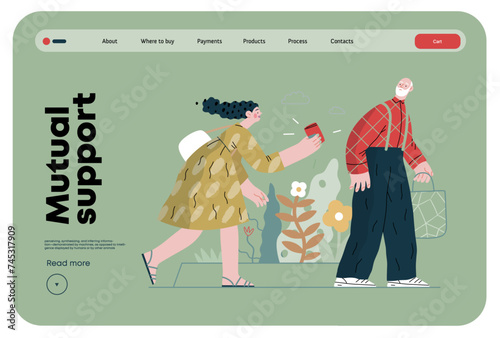 Mutual Support: Picking Up the Dropped Item -modern flat vector concept illustration of a woman who picked up a wallet lost by an elderly man Metaphor of voluntary, collaborative exchanges of services