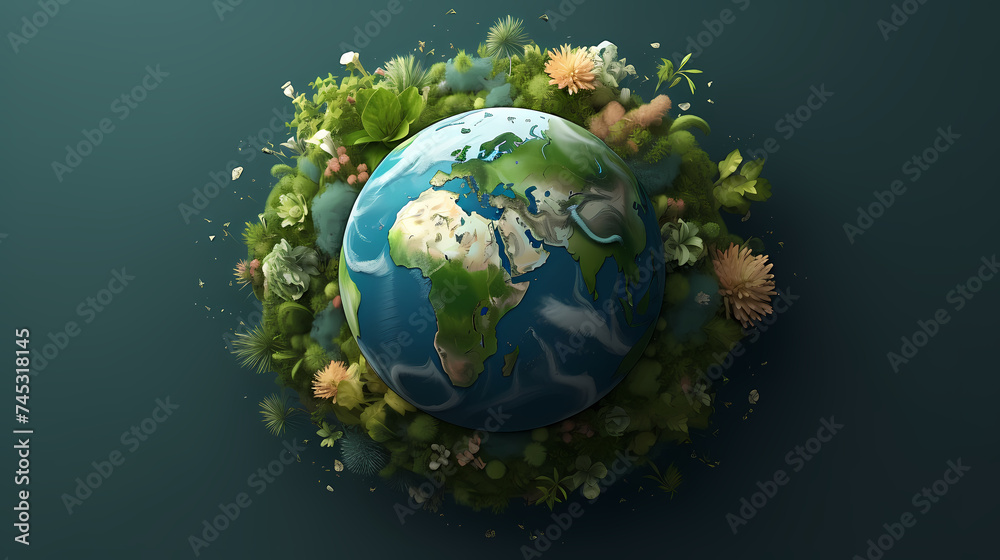 Illustration of earth surrounded by green leaves on soft blue background Illustration of earth surrounded by green leaves on soft blue background