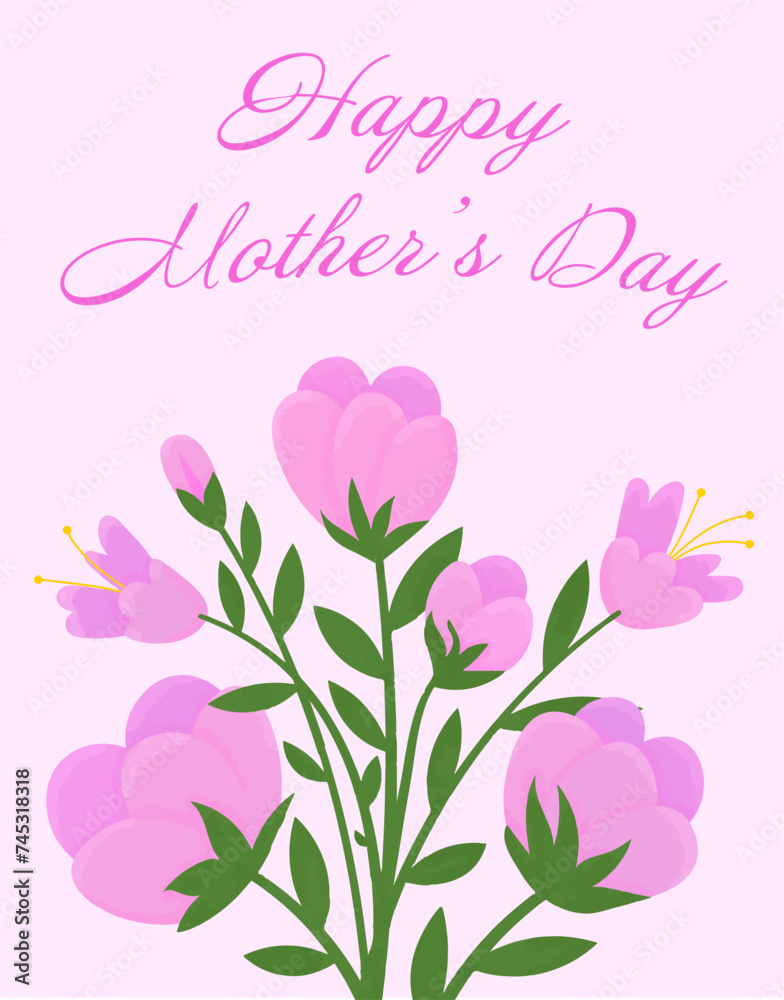 Mother's Day postcard with a bouquet of pink flowers. Cute poster in pink tones with bouquets of flowers. Festive greetings for Mother's Day. Vector illustration.