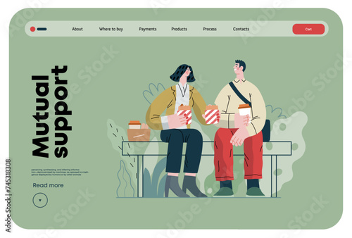 Mutual Support: Share food -modern flat vector concept illustration of woman offering half of her lunch to colleague in the park. A metaphor of voluntary, collaborative exchanges of resource, services