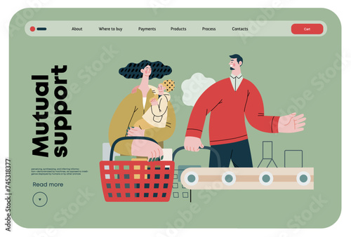 Mutual Support: Skip ahead in line -modern flat vector concept illustration of man letting woman with child go ahead in shop checkout line A metaphor of voluntary, collaborative exchanges of services